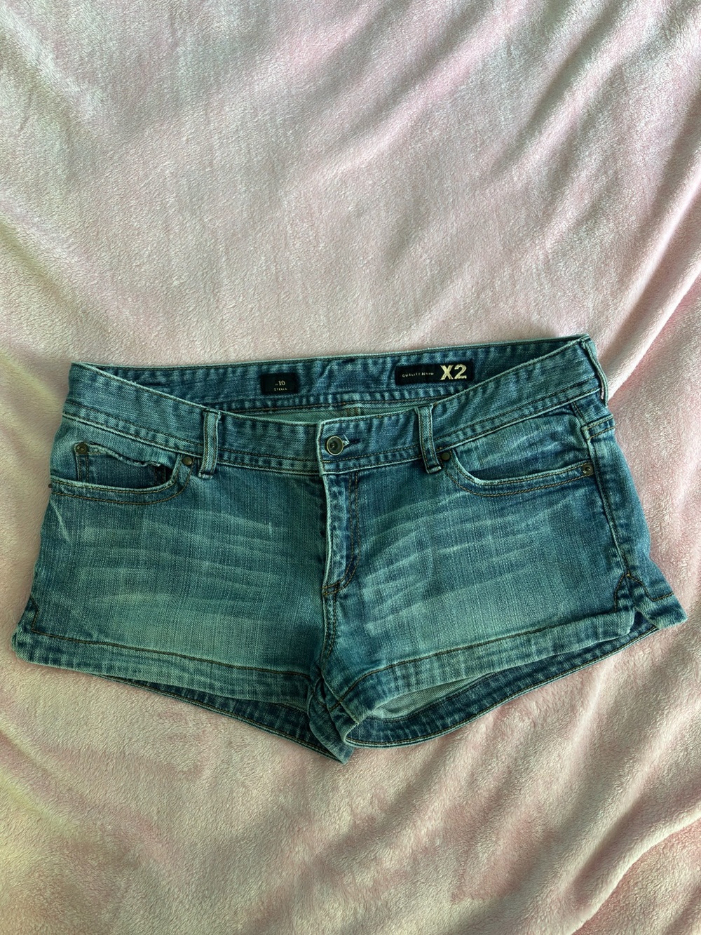 Vintage X2 Light Wash Low Rise Embellished Denim Jean Micro Shorts Size 12